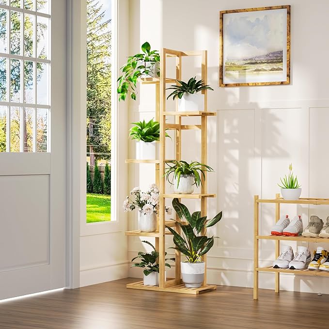 ROMGUAR CRAFT 6 Tier Bamboo Plant Stand Indoor, Wood Tall Flower Holder Corner