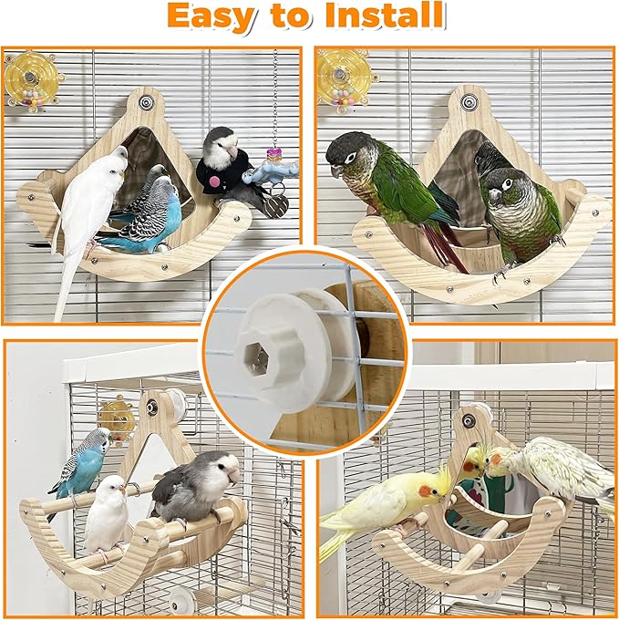 Bird Perch Toy with Mirror for Cage, Interactive Rocking Parakeet Toys and Perches, Wood Exercise Wheel Cockatiel Toys, Birds Enrichment Toy for Parrot, Bird Cage Accessories Perch for Budgies Conure