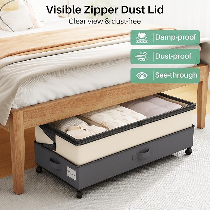 Kitstorack 4 Pack Height-adjustable Under Bed Storage with Wheels, Under Bed Storage Containers,Under Bed Shoe Storage Organizer with Clear Window&Label, Suitable for Clothes Storage, Beige & Gray