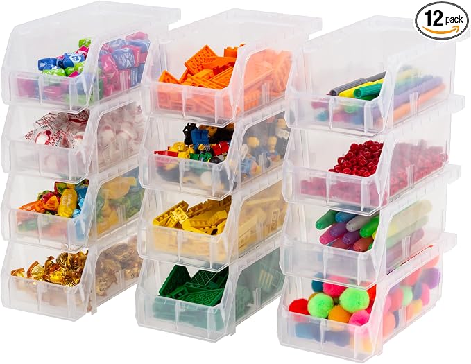 ReadySpace Plastic Containers for Organizing and Storage Bins for Drawers, Desks, Office Organization, and Garage, Stackable Bins, Small (3" x 7" x 4"), 12-Pack, Clear
