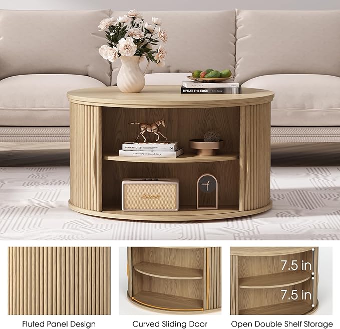 JOINICE 31.5" Round Lift Top Coffee Table, Natural Oak Modern Fluted Drum