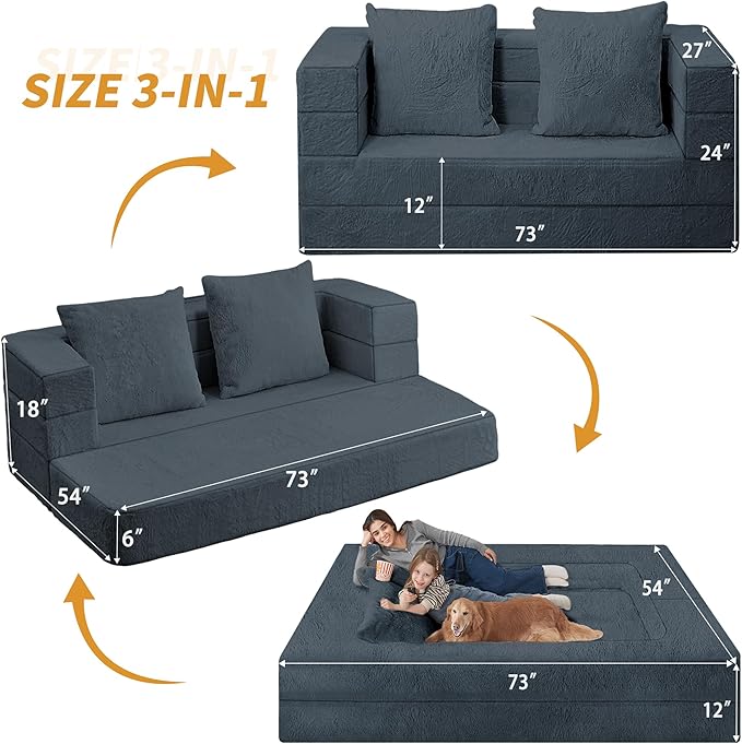 Folding Bean Bag Chair for Adults, 3-in-1 Bean Bag Couch Faux Fur Floor Sofa