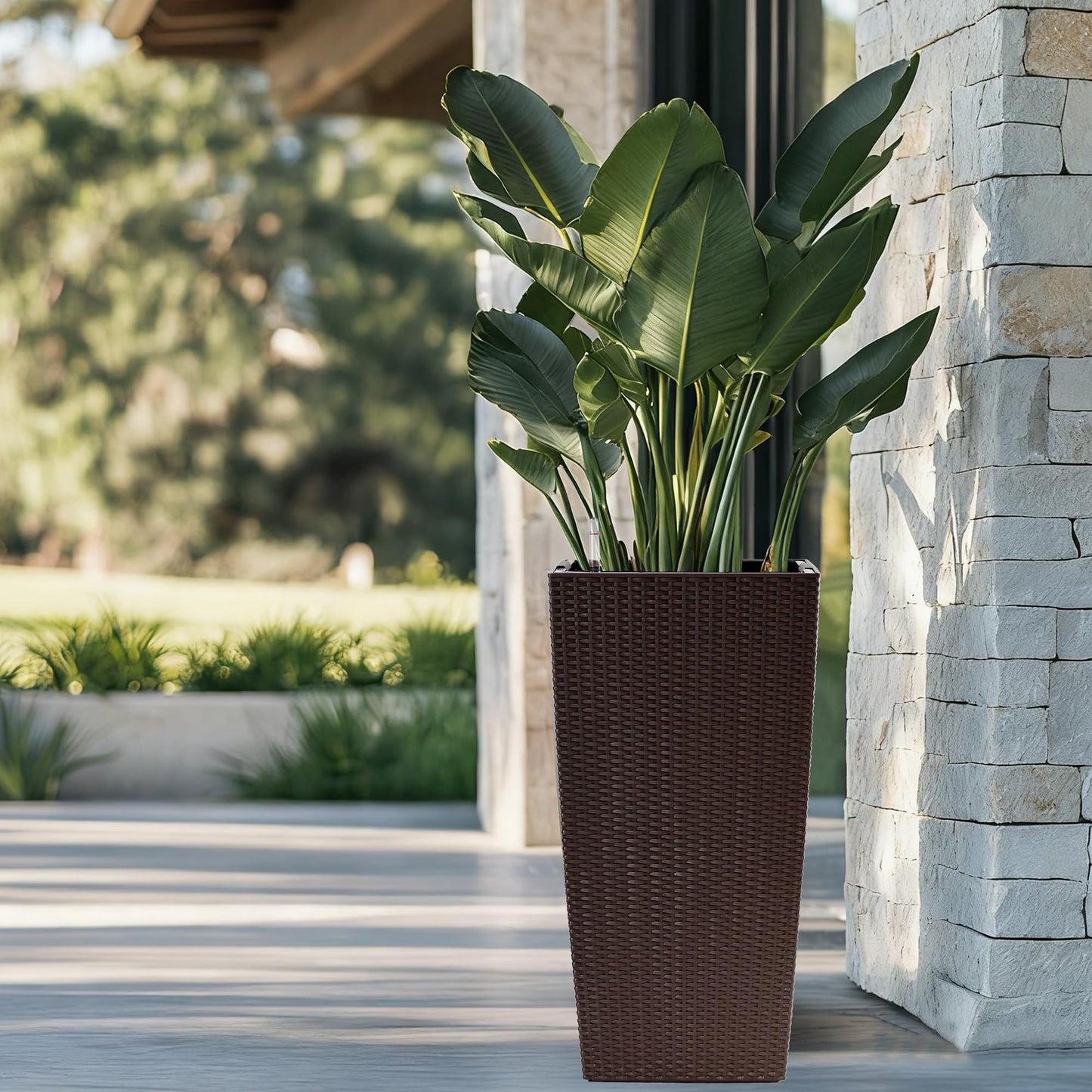 30" Tall Large Planter with Self-Watering System, Indoor Outdoor Flower Pot with Drainage Holes, Inner Tray and Water Level Indicator, Spacious Plant Pot for Garden Patio Porch Backyard, Brown