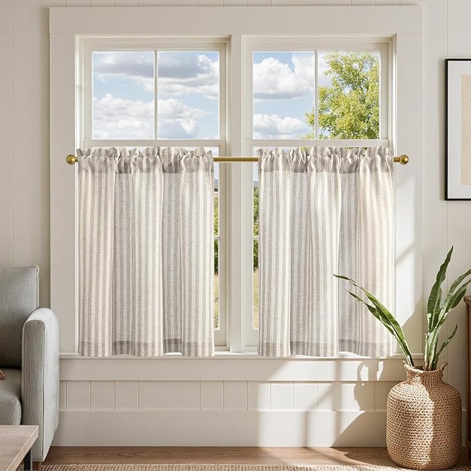 jinchan Striped Linen Kitchen Curtains 24 Inches Tier Curtains Farmhouse Modern Cafe Style Small Window Treatments Airy Light Filtering Rod Pocket for Living Room Bathroom 2 Panels Taupe Grey