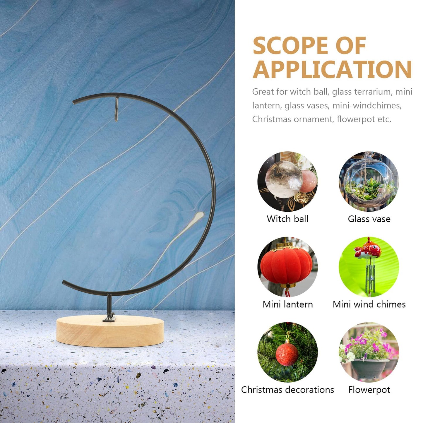 EXAOMBLE Micro Landscape Hanging Glass Globe Stand with Wooden Base, Iron Terrarium Display Holder for Air Plants and Small Plant Pots, Decorative Hanging Ornament Rack for Home Décor