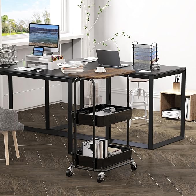 Simple Houseware 2-Tier Rolling Utility Cart with Lockable Wheels and Wood Top, Metal Storage Organizer Trolley for Kitchen, Bathroom, Office, Craft Room, Rustic Brown