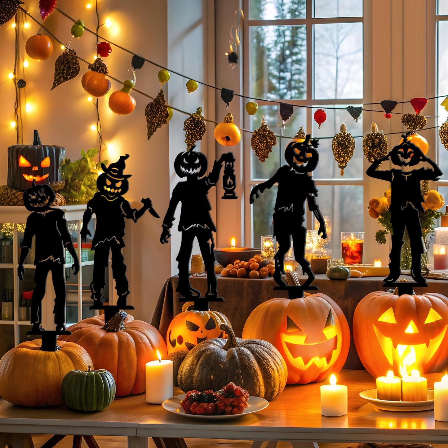 5 Pcs Metal Halloween Yard Signs Halloween Outdoor Decorations Black Metal Art Halloweens Yard Stakes Reusable Skeleton Lawn Sign for Zombie Holiday Party Supply Pumpkin Decor for Garden Prop