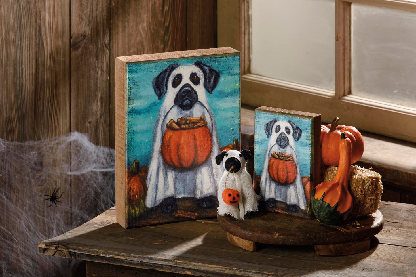 Primitives by Kathy Halloween Collectible Felt Critter, 4-inch, Ghost Dog Holding a Jack-o-Lantern - Spooky Tiered Tray & Shelf, tablescape Decor, Mix & Match with Our Other Collectible Figurines