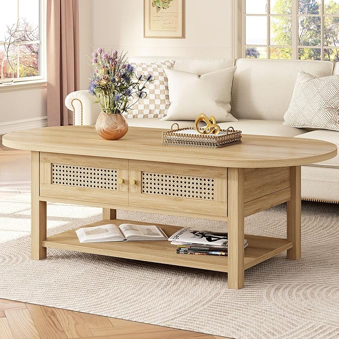 LVB Rattan Coffee Table, Boho Wood Living Room Table