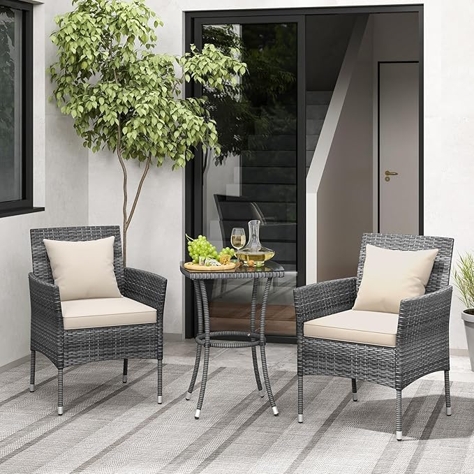 Tangkula 3-Piece Patio Furniture Set, PE Wicker Conversation Bistro Set w/A