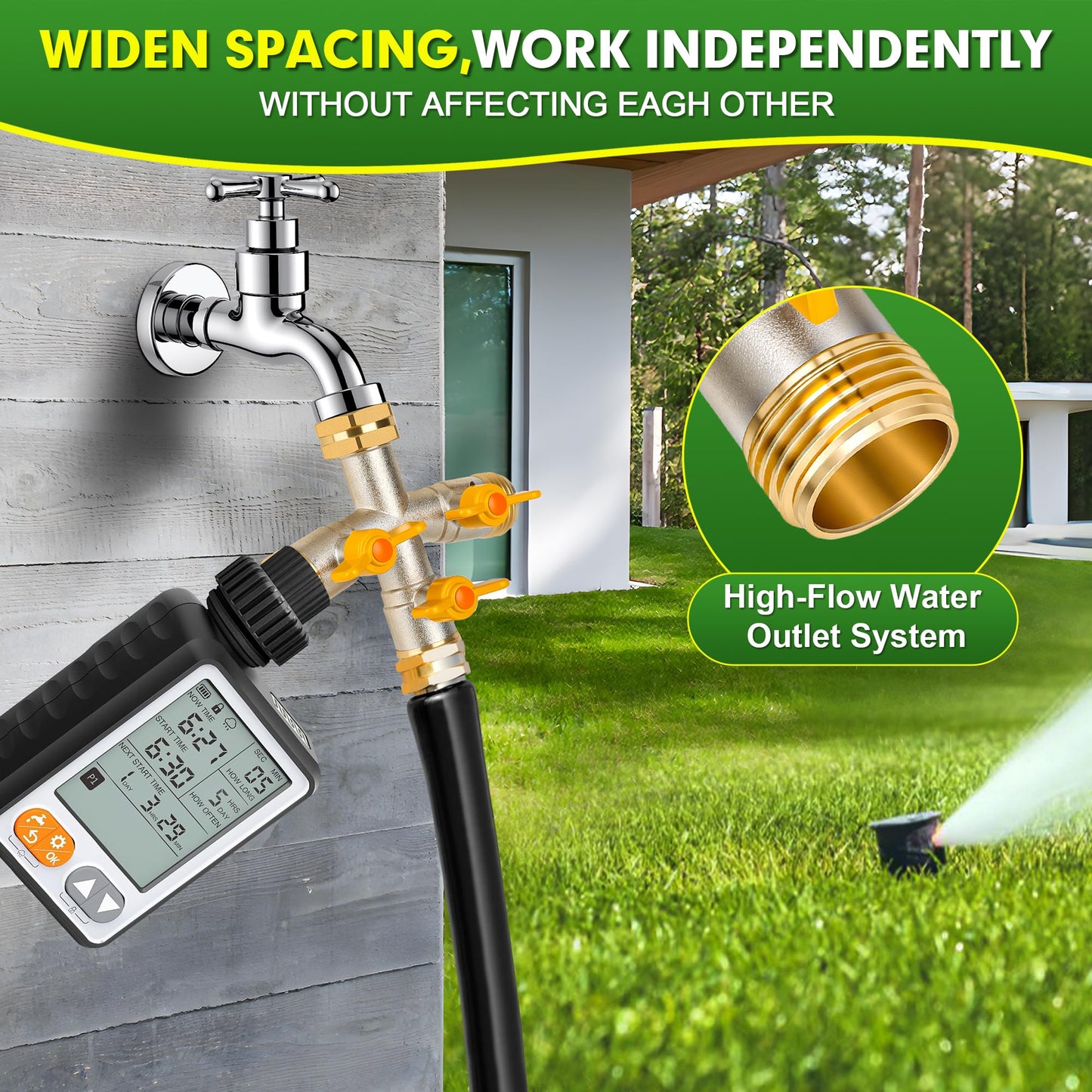 DINGBAI Hose Splitter 3 Way, High Flow Garden Hose Splitter, 3/4” Ght Inlet Brass Heavy Duty Hose Converter, water 3 Way Faucet hose splitter, Long Handle Hose Valve Large Outlet.
