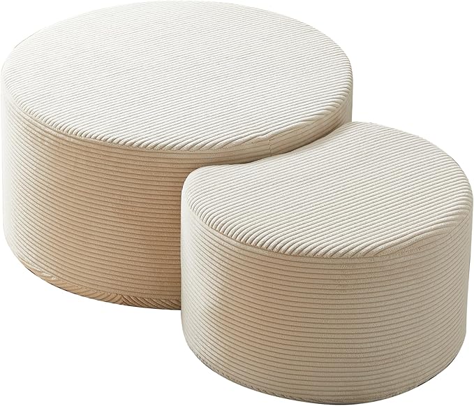 Modern Nesting Coffee Table Set of 2 in Beige, Upholstered Round Living Room