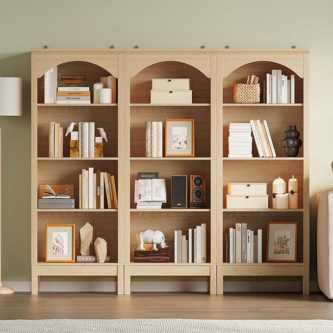 Arched Bookshelf with 4 Tier Open Shelves, Study and Living Room, Natural Oak