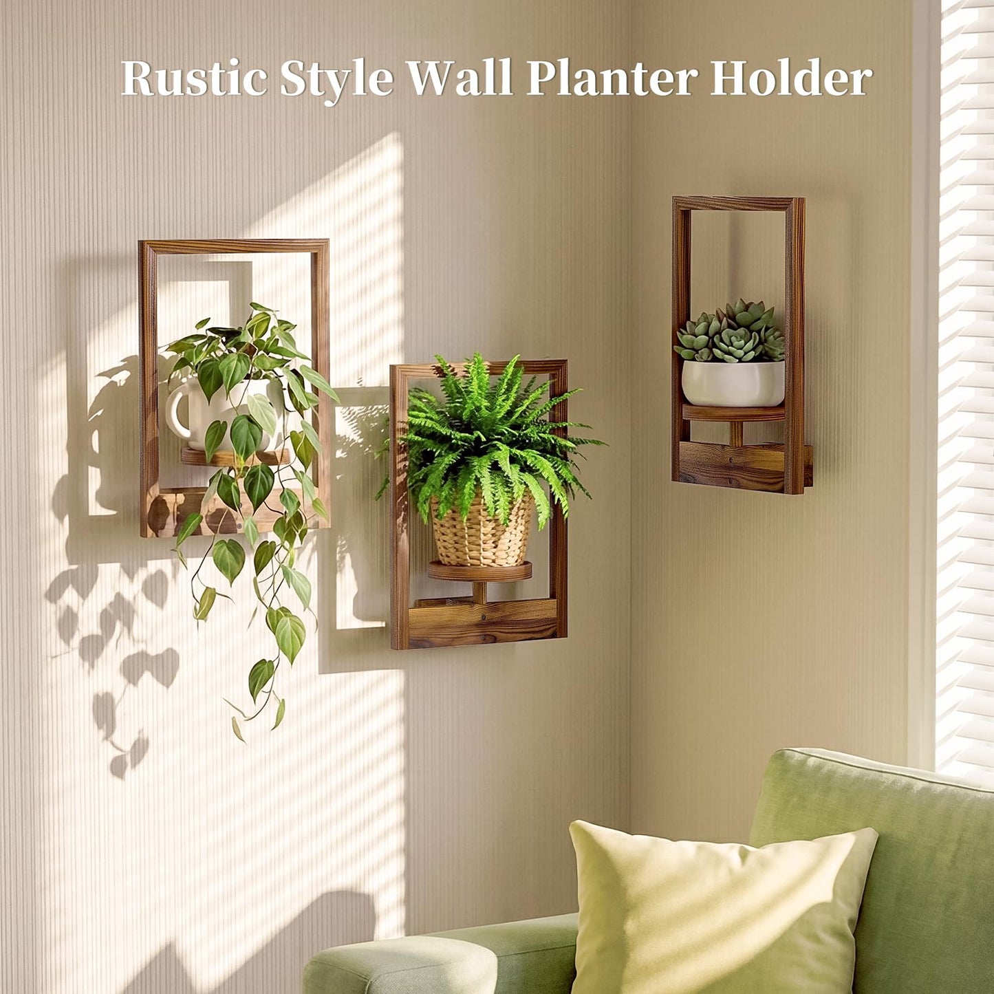 NATURE'S SOURCE Hanging Planters for Indoor Plants Wall Decor, Wooden Floating Shelves for Wall Planter, Window Plant Shelves Hold 22 lbs, Farmhouse Decor 16.5" x 11.8" (3 Pack)