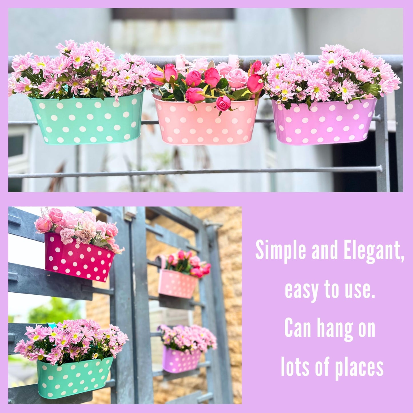 LaLaGreen Bundle - 4 Pack,11.8 Inch White + 6 Pack,11.2 Inch Multicolor Polka Dot Rounded Metal Iron Hanging Flower Pot,Wall Mount Modern Style Window Fence Railing Deck Colorful Plant Box Holder