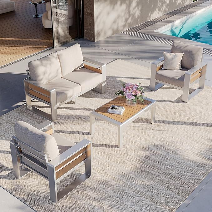 Aoxun Aluminum Patio Furniture Set, 4 Seats Luxury Metal Patio Conversation Sets