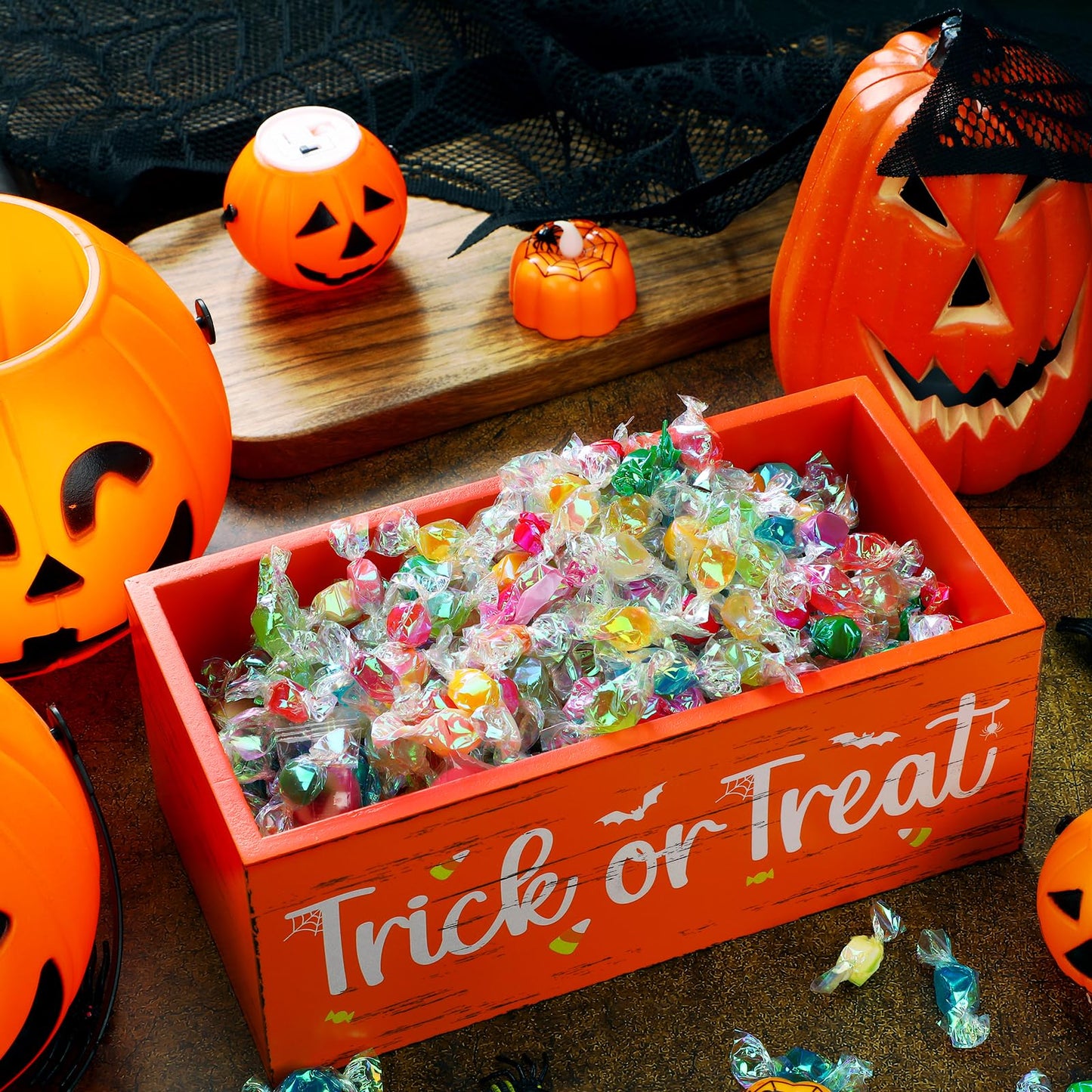 Sintuff Halloween Candy Bowl Wooden Funny Candy Dish Large Trick or Treat Dish Holders Wood Serving Pumpkin Orange Bowl Tableware for Halloween Holiday Party Tiered Tray Decorations(Trick or Treat)