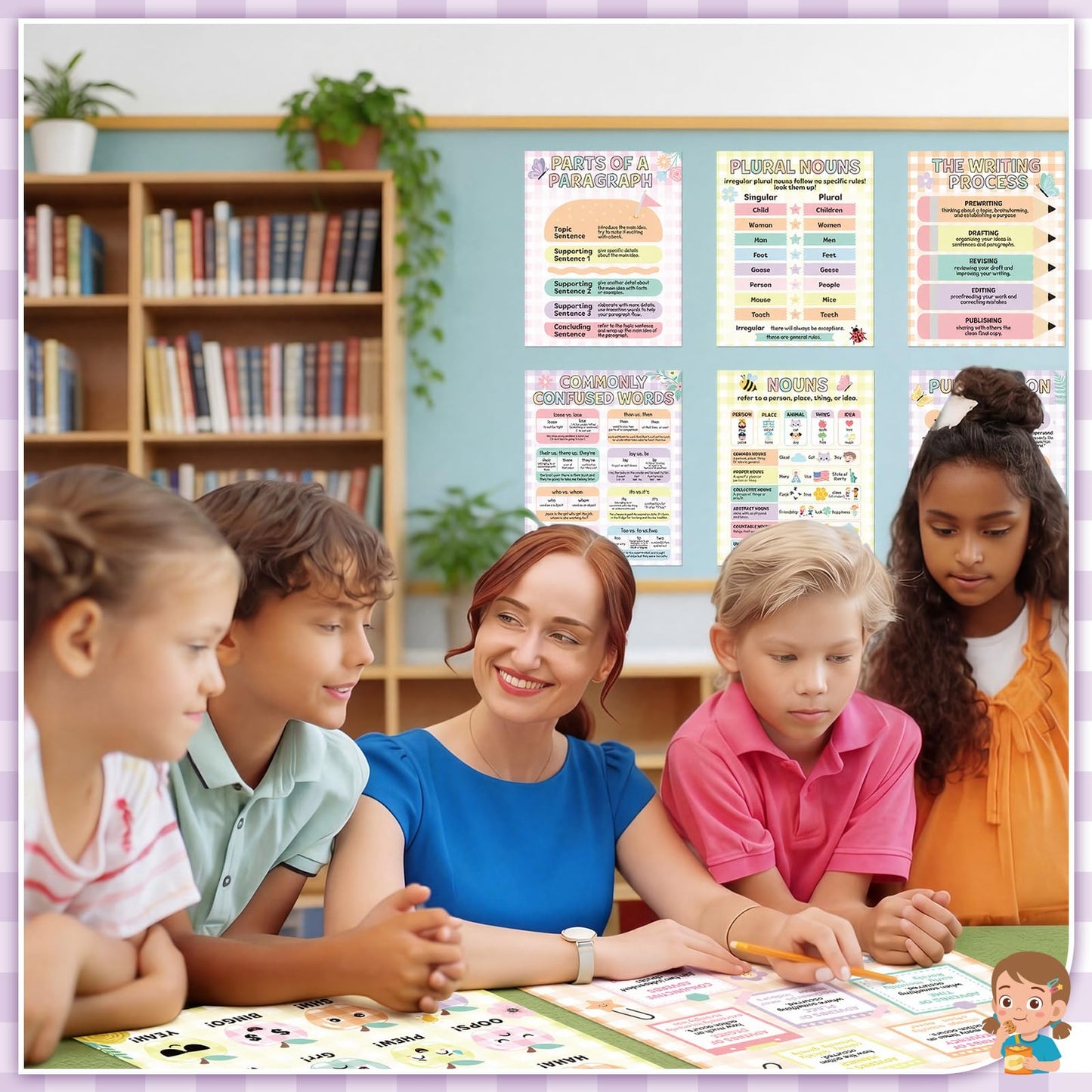 Humyoun 20 Pcs Parts of Speech Poster for Elementary Classroom Grammar Poster Educational English Class Must Have for Elementary Middle School Classroom Decor, 14x11 Inch (Pastel,Gingham)