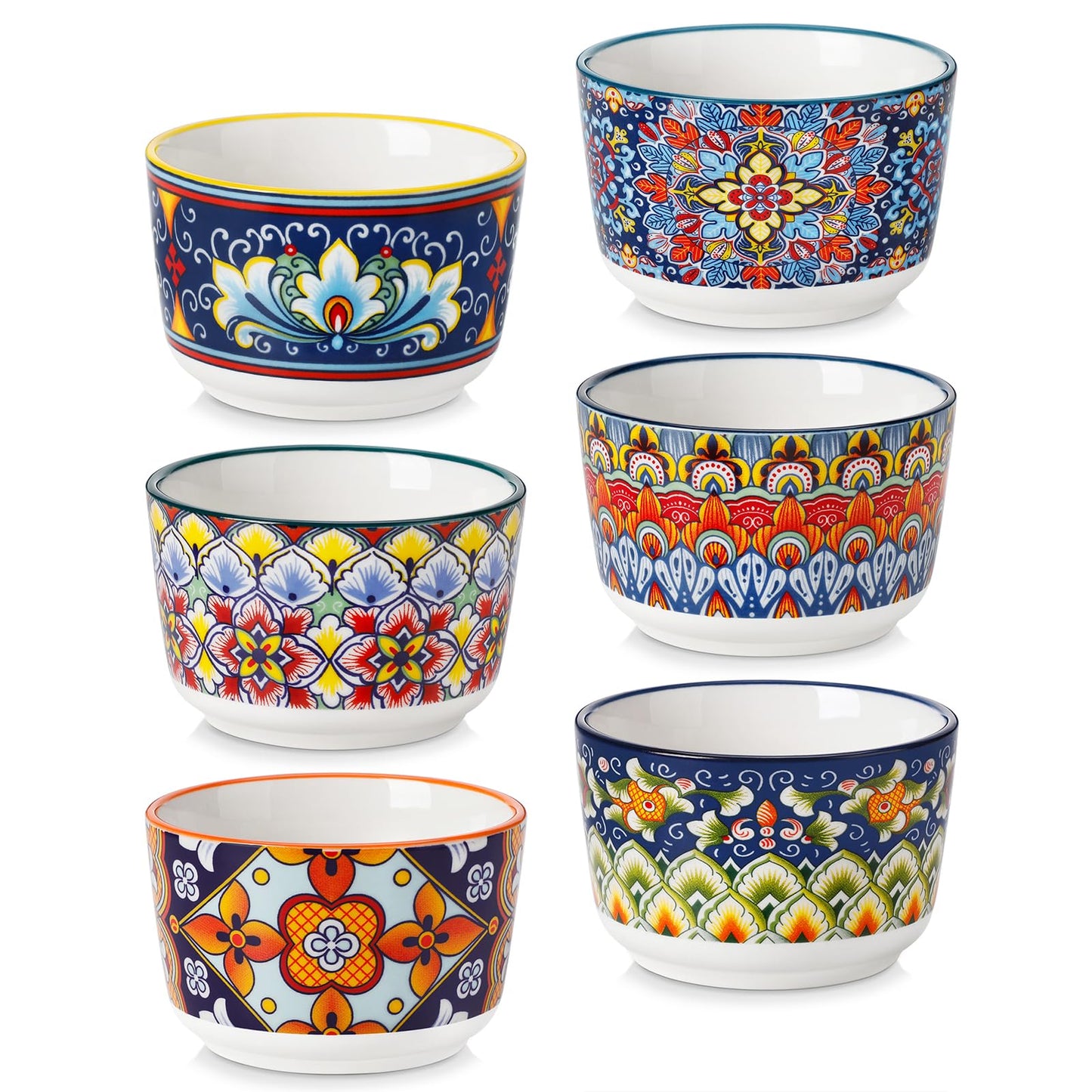 vancasso 6 Oz Ramekins Oven Safe Set of 6, Bohemian Creme Brulee Ramekins, Colorful Souffle Dishes, Pudding Custard Cups for Baking, Small Ceramic Bowls for Dipping Sauce, Ice Cream