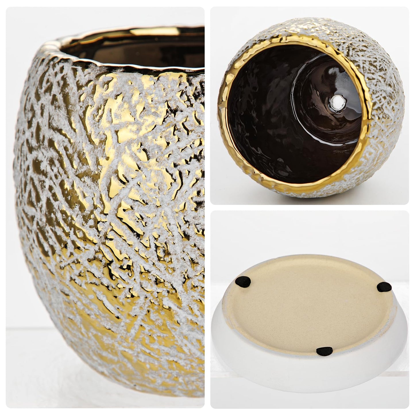 Ceramic Plant Pots for Plants Indoor 5.3 Inch Round Gold and White Flower Pot Gilded Decorative Planter with Drainage Hole and Saucer Modern Ceramic Pot for Succulents Orchids Cactus Herbs Home Decor