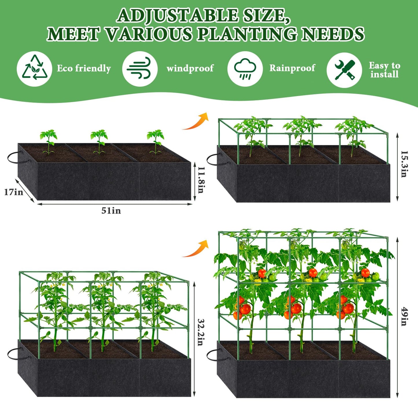 POILKMNI Tomato Cage 51×17×49 Inch with 46 Gallon Grow Bag, Heavy Duty Plastic Coated Steel Plant Support Trellis for Tomato Cucumber Climbing Plants Outdoor Indoor