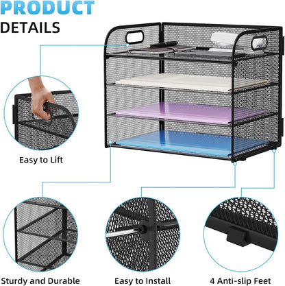 Marbrasse 2 Pack 4 Tier Paper Organizer Letter Tray - Mesh Desk File Organizer with Handle, Paper Sorter Organizer for Letter/A4 Office File Folder Holder (Black, 12.6" x 9.1" x 10.7")