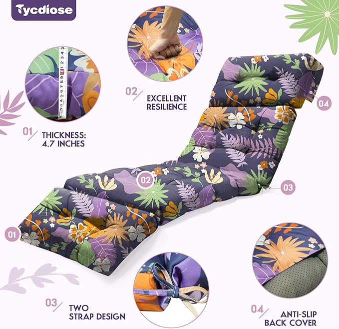 Outdoor Chaise Lounge Chair Cushion Waterproof 74.4 x 22 x 4.7 Inches Thickened