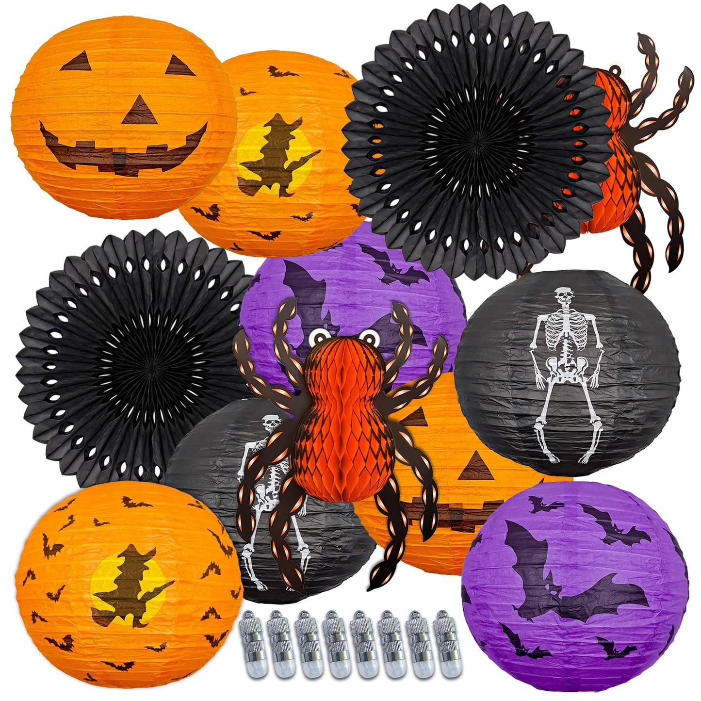 Halloween Hanging Decorations Paper Lanterns with Lights, Pumpkin Bat Skeleton Lanterns Spider for Indoor & Outdoor Spooky Home Decor Halloween Party Supplies Props 10" (8 LED Light)