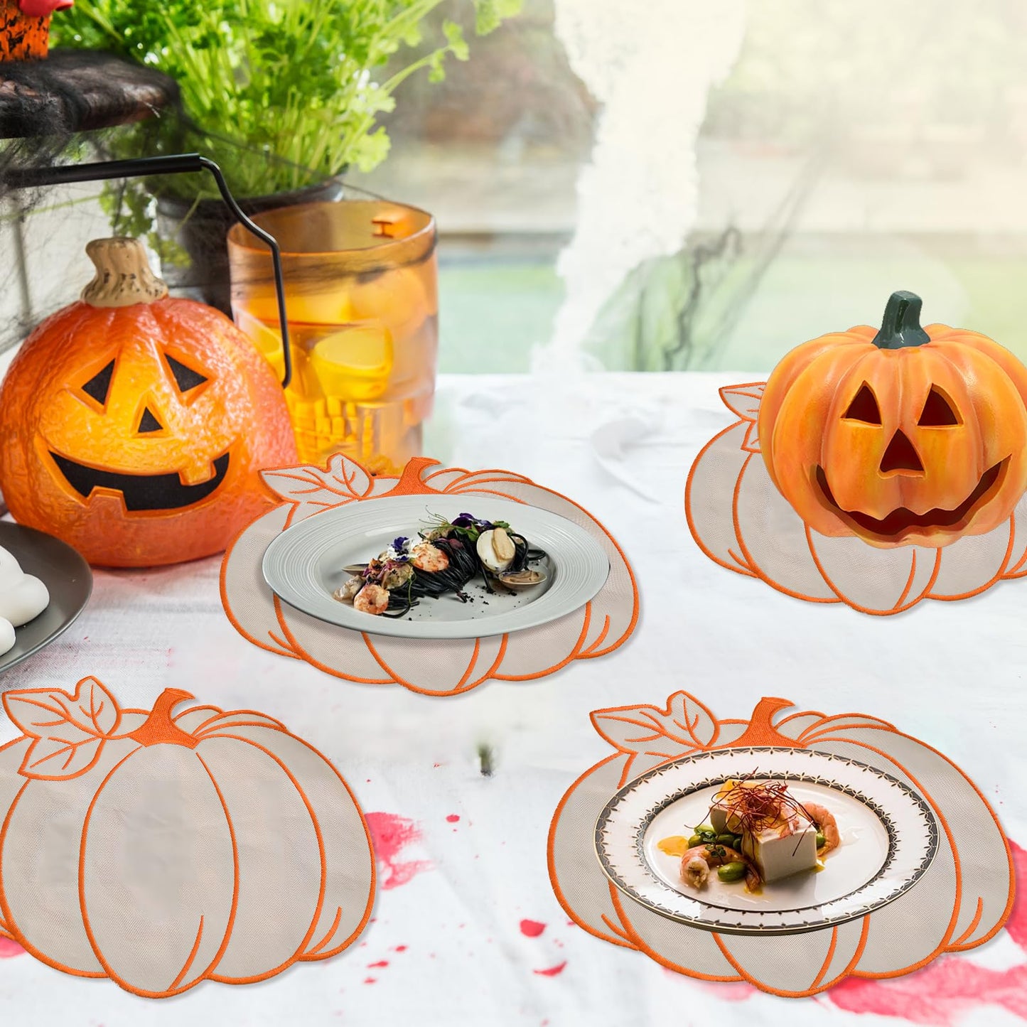 6 Pcs Fall Pumpkin Placemats Thanksgiving Harvest Autumn Orange Table Placemats for Halloween Christmas Home Table Kitchen Decorations
