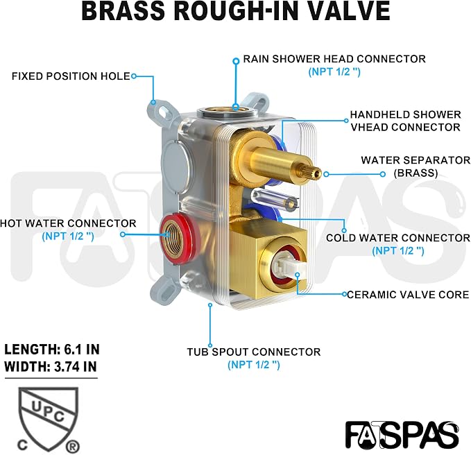 Brushed Gold Shower System with 10-Inch Rain Showerhead and Tub Spout | cUPC-certified pressure balance brass valve to prevent scalding, CEC-certified air injection technology for low pressure