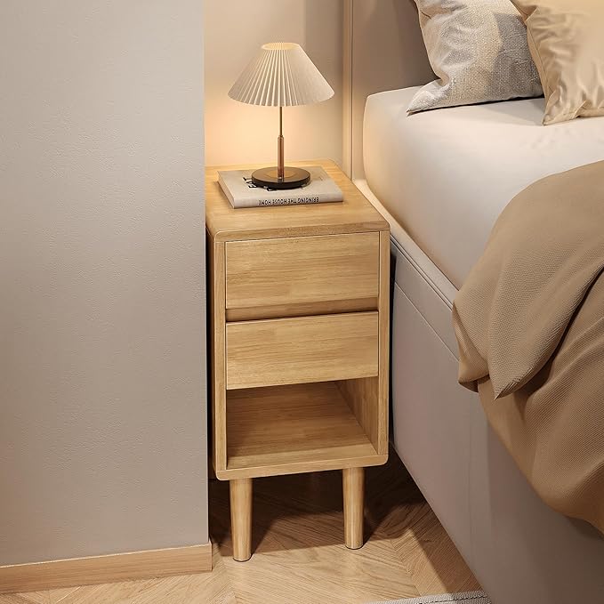 Nightstand 2 Drawers with Open Shelf Narrow Night Stand Solid Wood Bedside