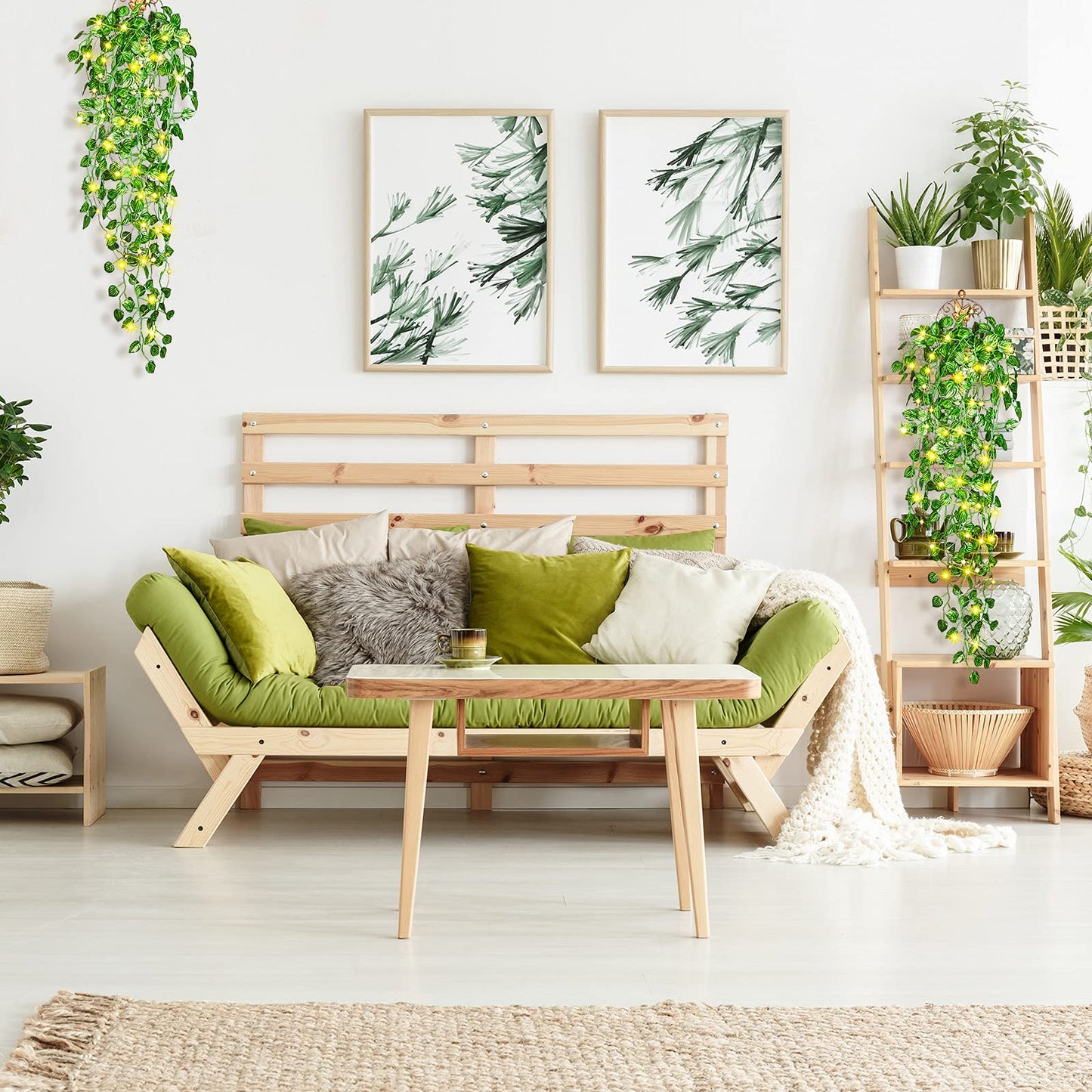 3 Packs LED Artificial Hanging Plants, 3.6 ft Fake Hanging Plant, Ivy Vine Fake Leaves Greeny Chain Wall Home Room Garden Wedding Garland Outside Decor (Basket Not Included) (Watermelon Leaves Style)