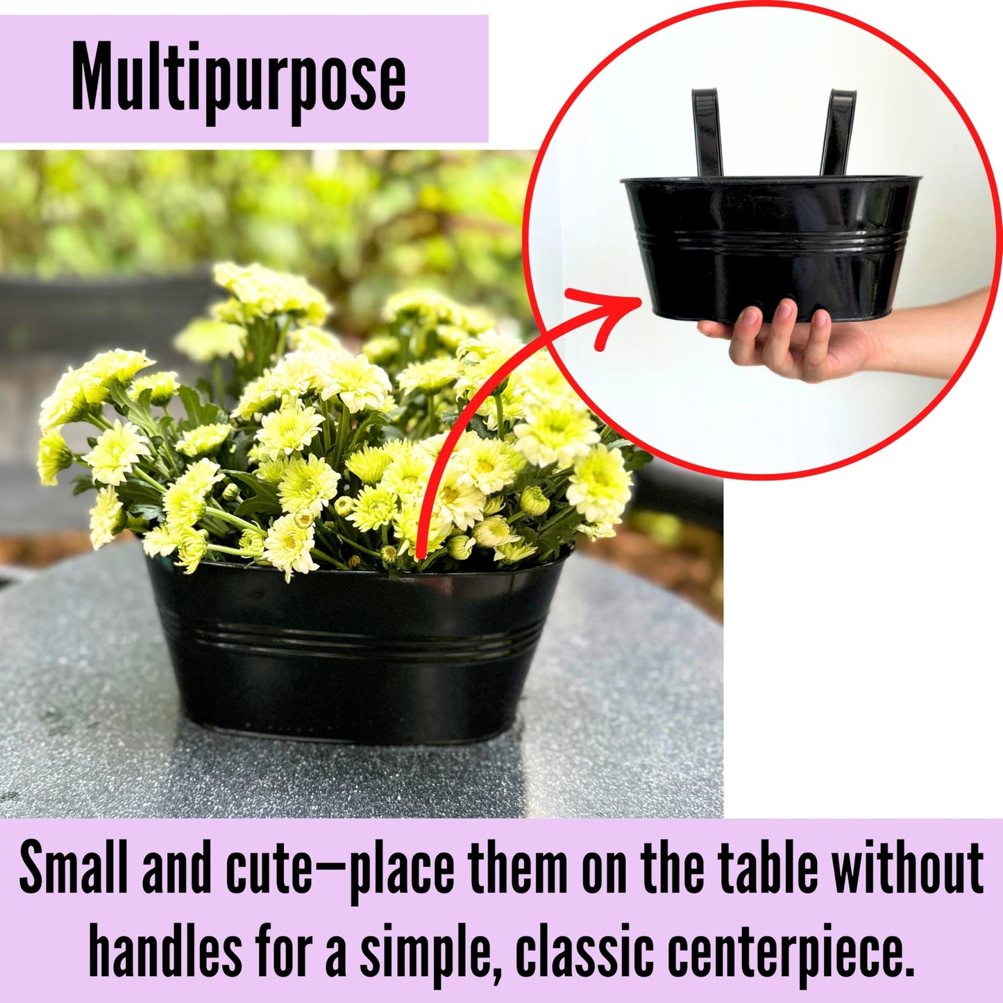 LaLaGreen Outdoor Rail Planter for Balcony (4 Pack, 9.8 Inch) Small and Cute Black Metal Iron Fence Hanging Flower Pots Deck Railings Buckets Boho Style Window Box Plant Holder Hooks Porch Decor