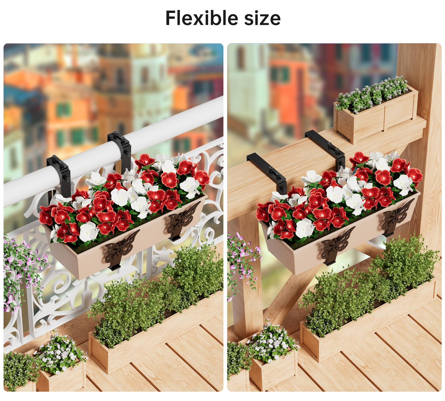 HFHOME Window Box Brackets, Adjustable Planter Box Brackets, Heavy Duty Flower Railing Planter Bracket for Balcony, with Enhanced Bottom Support, Perfect for Deck, Fence and Garden - Black (6 Pack)
