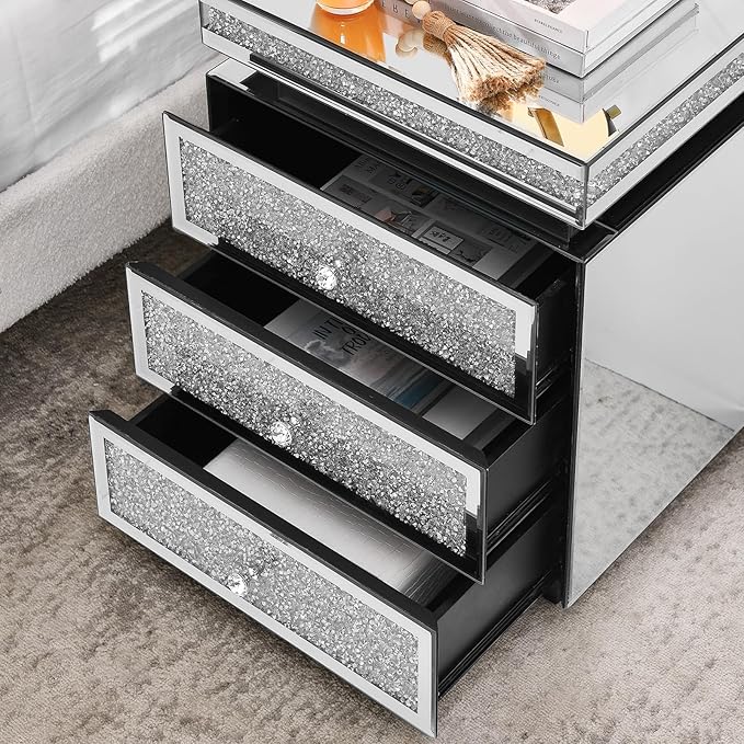 Modern Glam Glass Mirror Nightstand, 3-Drawer Luxury Mirrored Accent Table