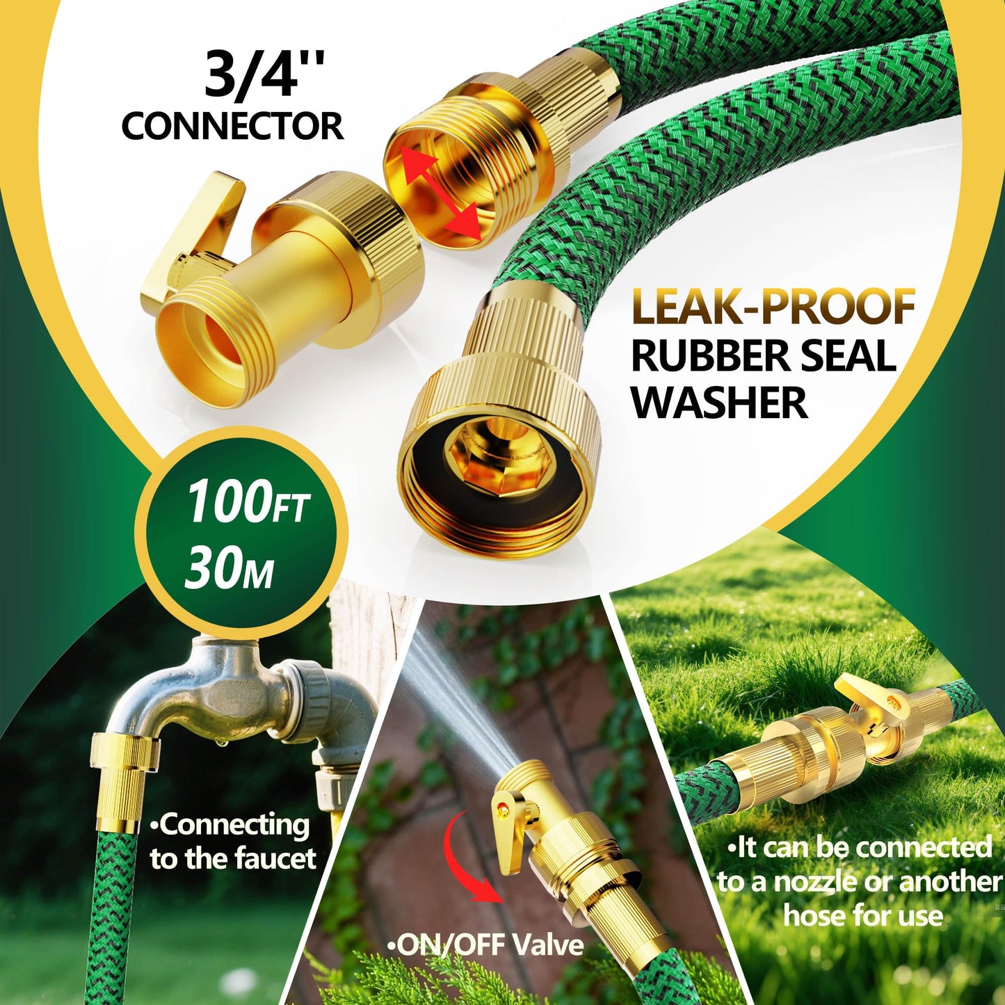 Non-Expanding Garden Hose 100ft, Flexible Weather-resistance Water Hose with 3/4" Solid Leakproof Connector, Knot-free & Anti-cracking & Durable Garden Hoses for Outdoor Watering Cleaning