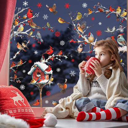 Winter Window Stickers Christmas Window Clings Double-Sided Xmas Sticker for Indoor Outdoor Decor Winter Birds Tree Branch Windows Decals for New Year Christmas Holiday Party Living Room Home Decor