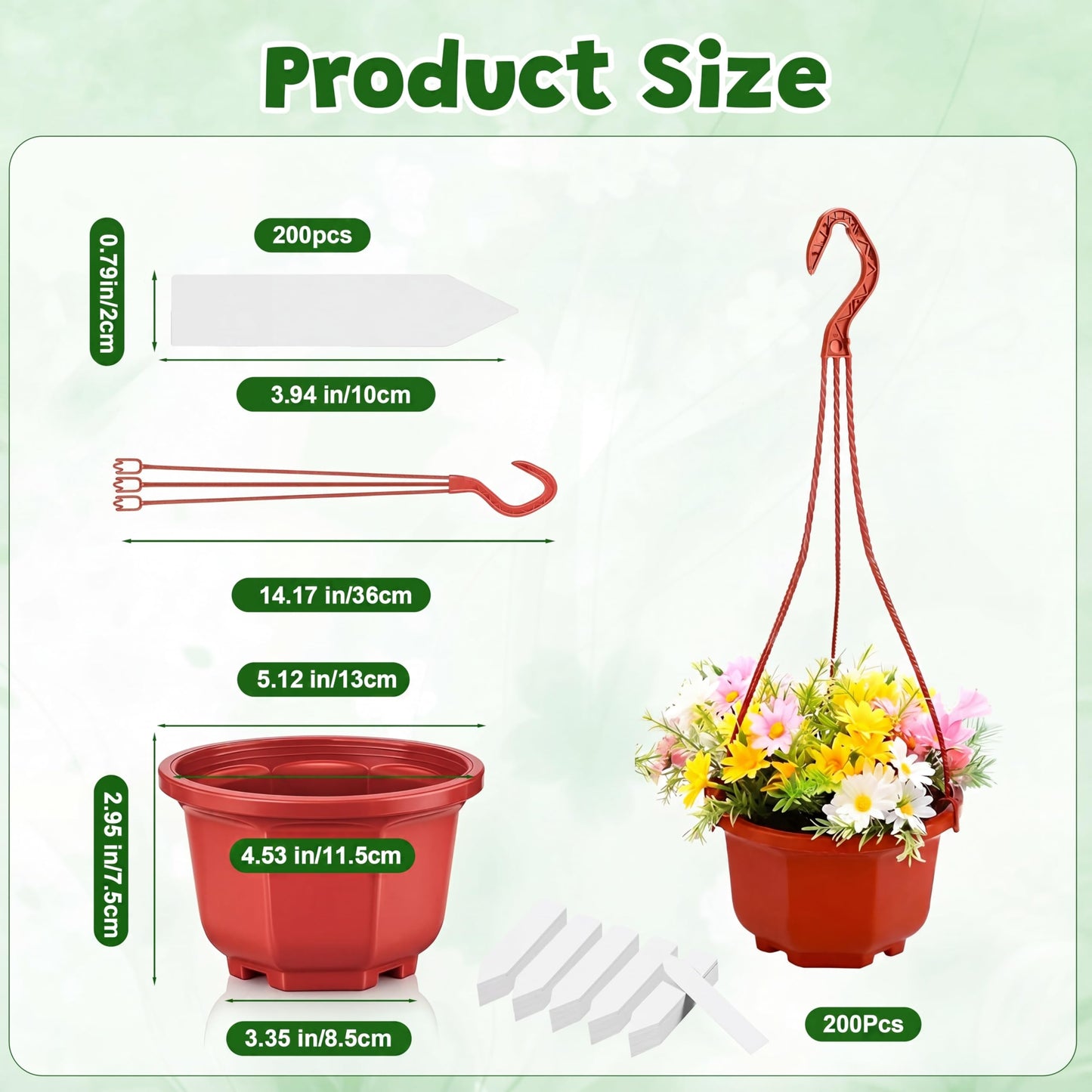 Romooa 200 Pack 5.1 Inch Plastic Hanging Pots Bulk Nursery Hanging Planters with Hooks and Drainage Small Grower Pots for Indoor Outdoor Plants, Garden, Includes 200 Labels(Brown)