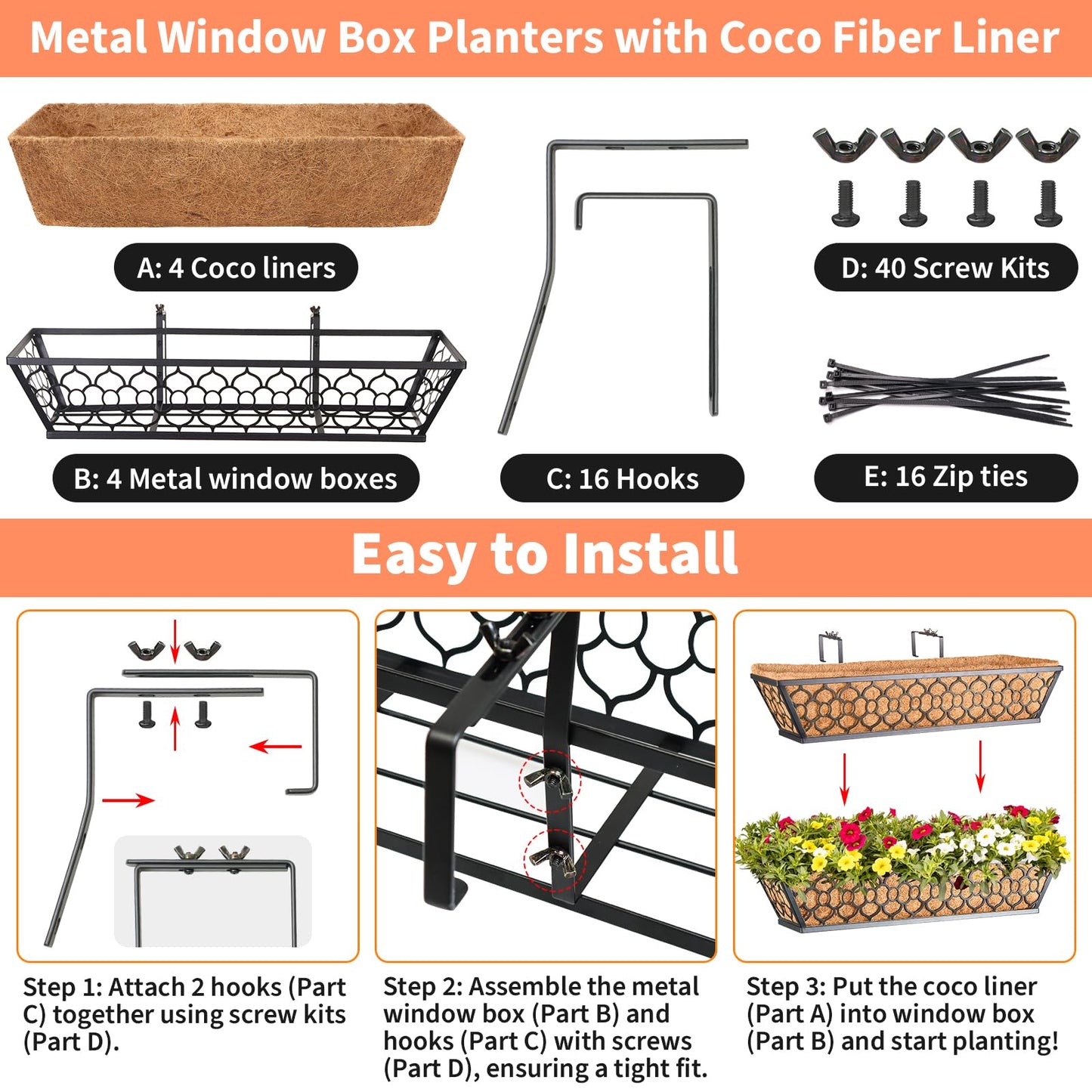 Riare 4 Pack 24 Inch Window Boxes Planters with Coco Liner, Metal Deck Railing Planter Boxes, Balcony Planters Railing Hanging, Horse Trough Window Flower Planter Boxes for Outdoor Porch Fence Patio