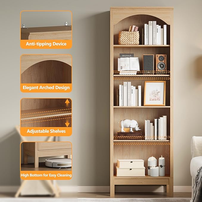 Arched Bookshelf with 5 Tier Open Shelves, Study and Living Room, Natural Oak