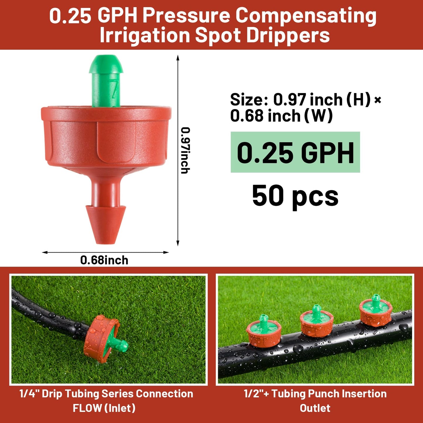 50 PCS 0.25 GPH Pressure Compensating Drip Irrigation Spot Watering Drippers/Emitters, Anti-Clog Self-Cleaning Drip Irrigation Emitters Heads Irrigation Drippers Parts for Seedlings, Mini Gardens