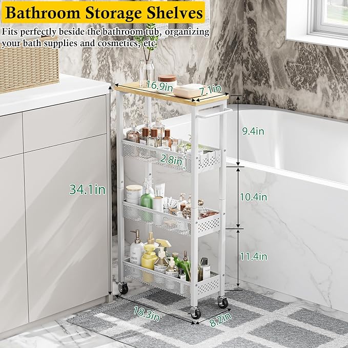 OKZEST Utility Slim Storage Cart, 4 Tier Small Rolling Kitchen Laundry Room Cart