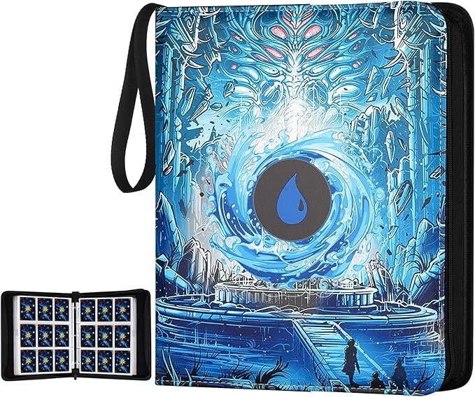 720 Pockets Round Ring Trading Card Binder, 9-Pocket Clear Zipper Card Album with Wrist Strap, Holds 720 Standard TCG Cards Compatible with Sports Baseball Football Game Cards (Blue Print)