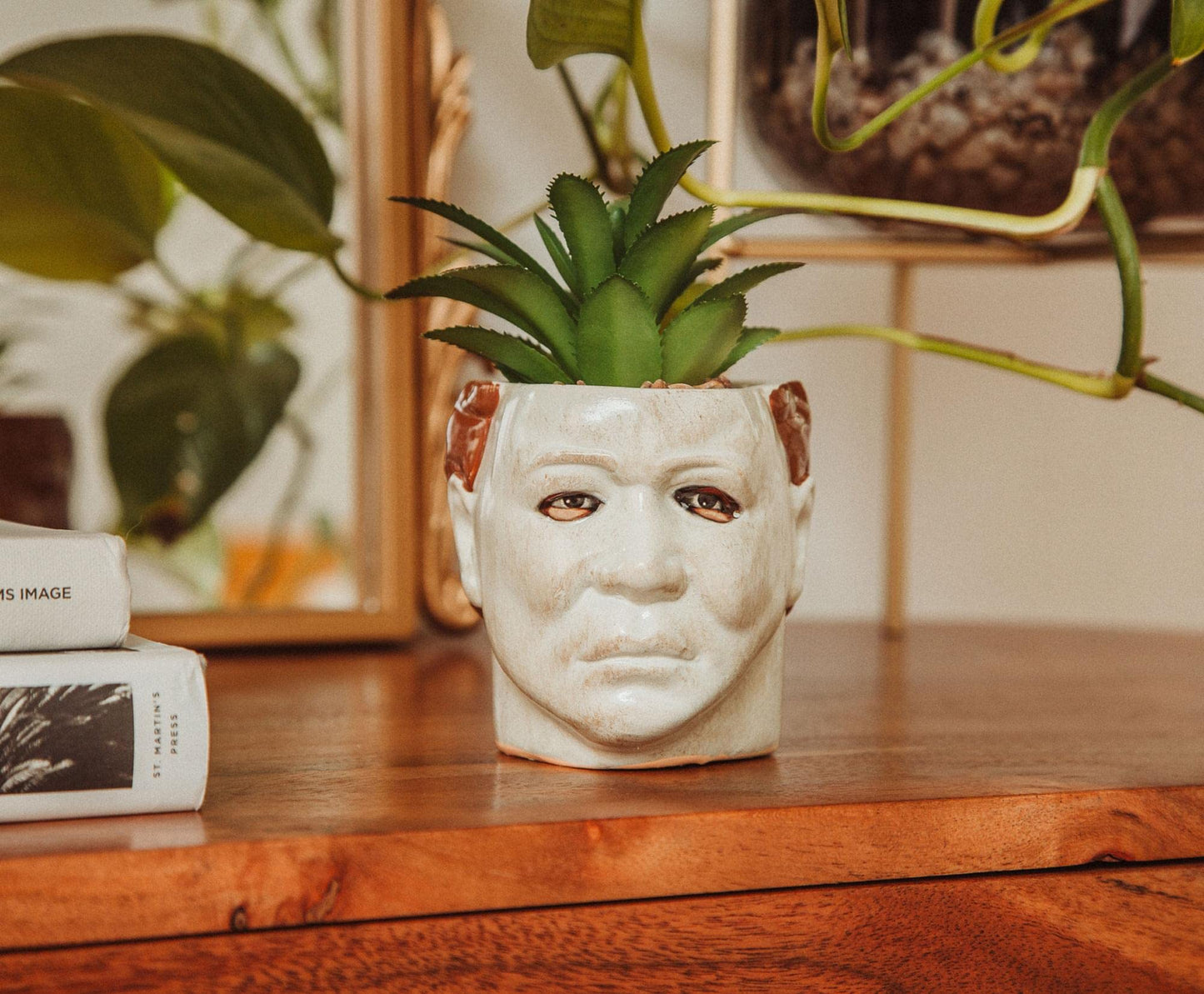Toynk Halloween Michael Myers 3-Inch Ceramic Mini Planter with Artificial Succulent | Small Flower Pot, Faux Indoor Plant