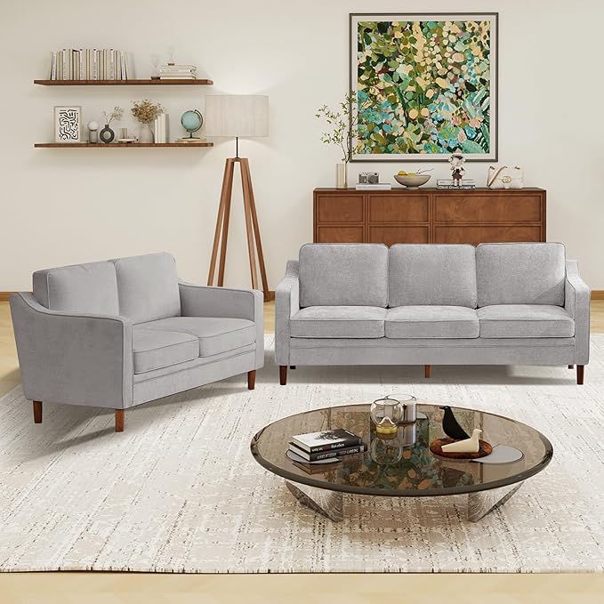 Kingfun Living Room Furniture Sets, 3 Seater Couch and Loveseat, Mid Century