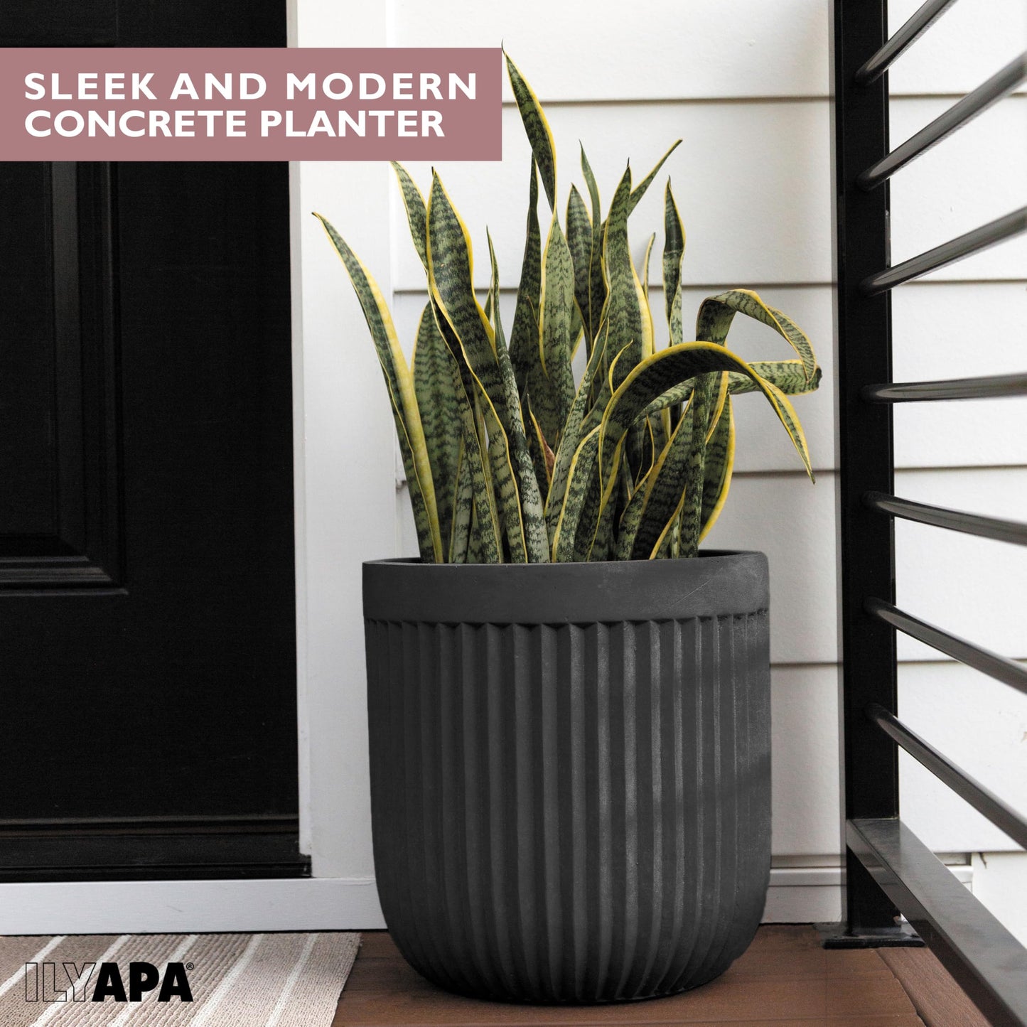 Ilyapa 14 Inch Large Fluted Modern Concrete Planter - 14x14 Inch Indoor Plant Pots with Drainage - Large Black Planters for Indoor/Outdoor Use