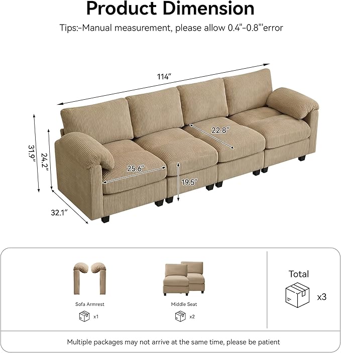 114'' Sectional 4 Seater Couch, Oversized Modular Couches