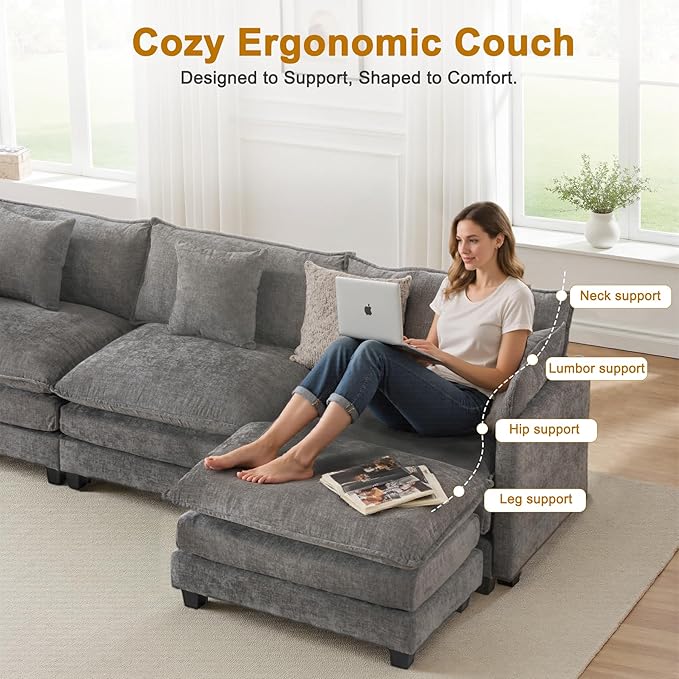111.4" L-Shaped Cloud Chenille Sofa Sectional Couch