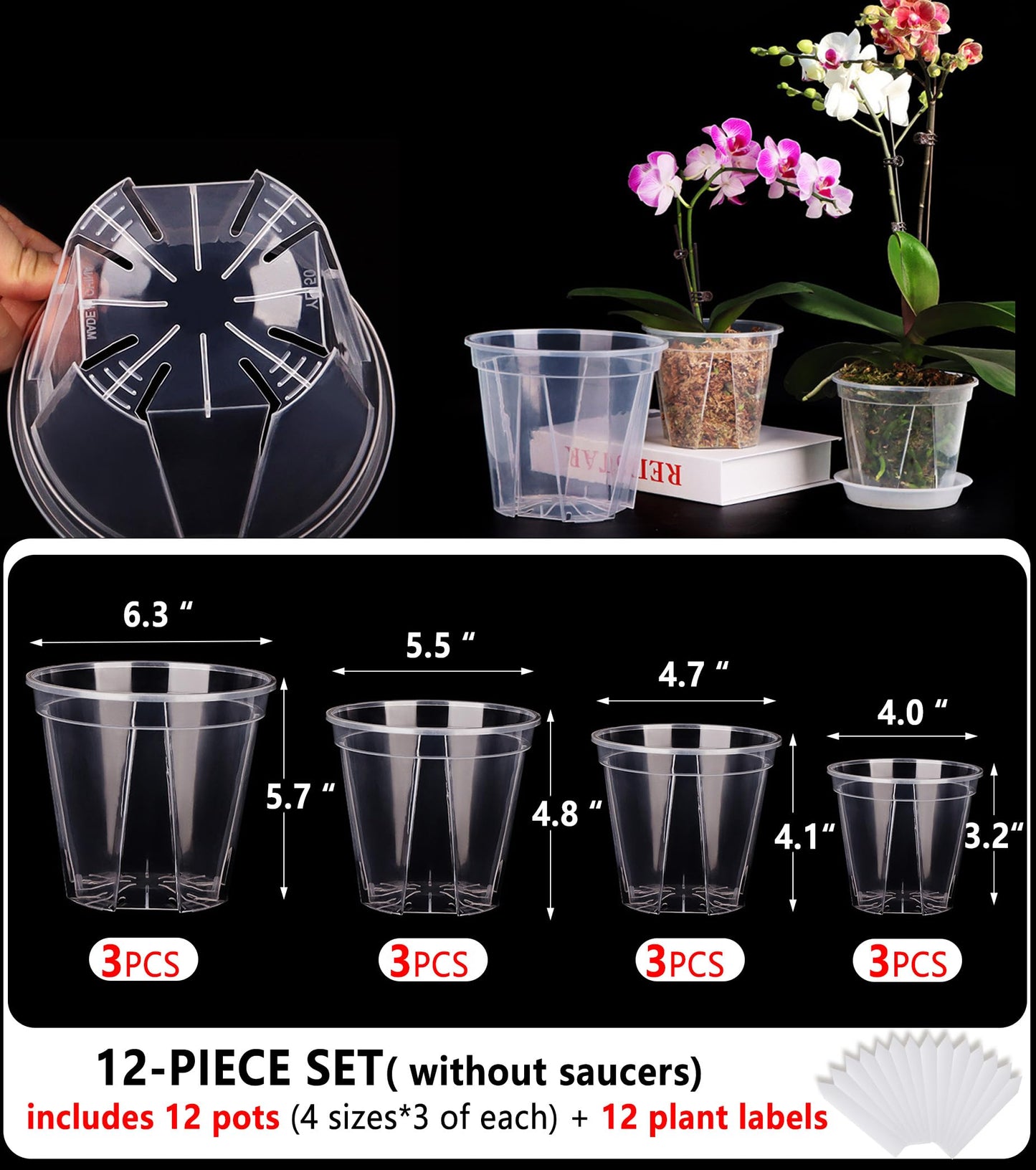 RZOIKZOI 12-Pack Thick Clear Nursery Pots(4/5/5.5/6.3 Inch) – Transparent Plastic Plant Pots with Drainage Holes & 12 Labels, Assorted Sizes for Seed Starting, Succulents, Indoor Outdoor Use