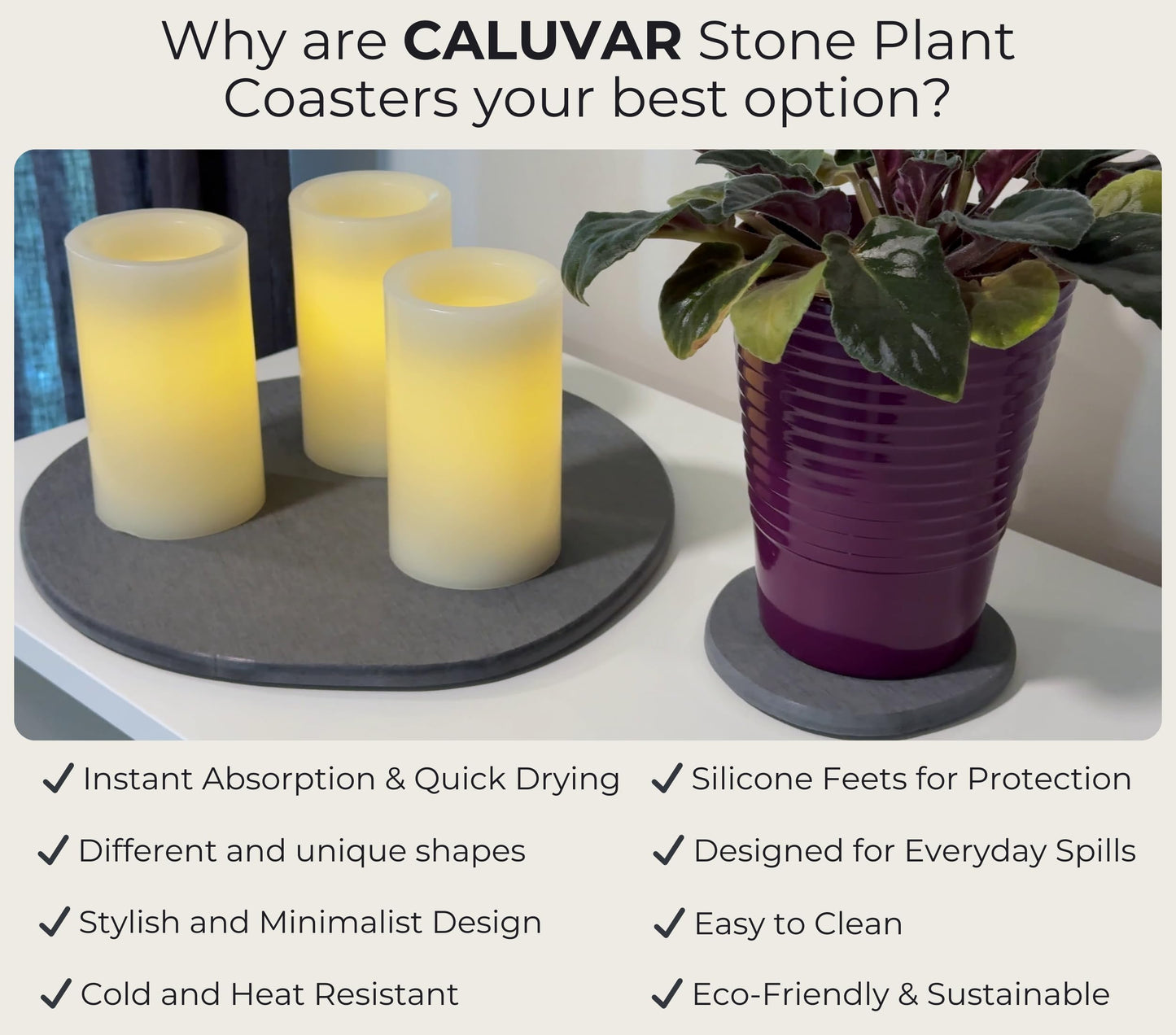 Stone Plant Saucer Set 1 Small 5 in + 1 Large 11.5 in, Absorbent Diatomaceous Earth Plant Tray for Indoors, Plant Pot Saucer with Silicone Feet, Grey Slate Water Absorbing Planter Tray